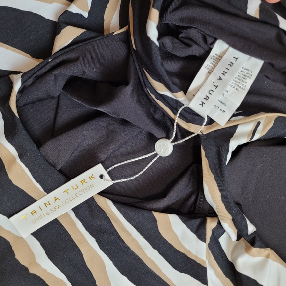 Trina Turk VIVANT ONE SHOULDER black tan white Asymmetrical One Piece swim suit - Picture 9 of 15